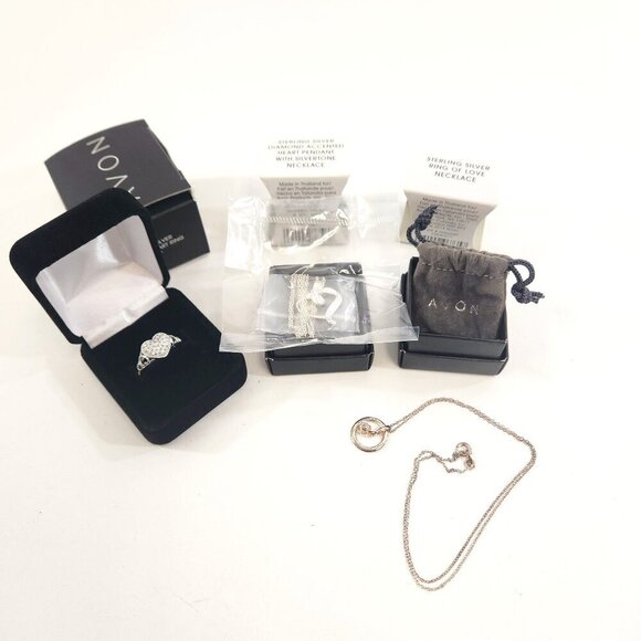 Avon Sterling Silver Heart Jewelry Bundle Pendant Ring of Love Faux Diamond - Picture 1 of 13